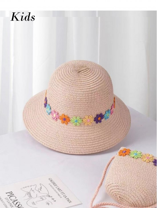 Kid's Woven Sun Hat W/ Flowers